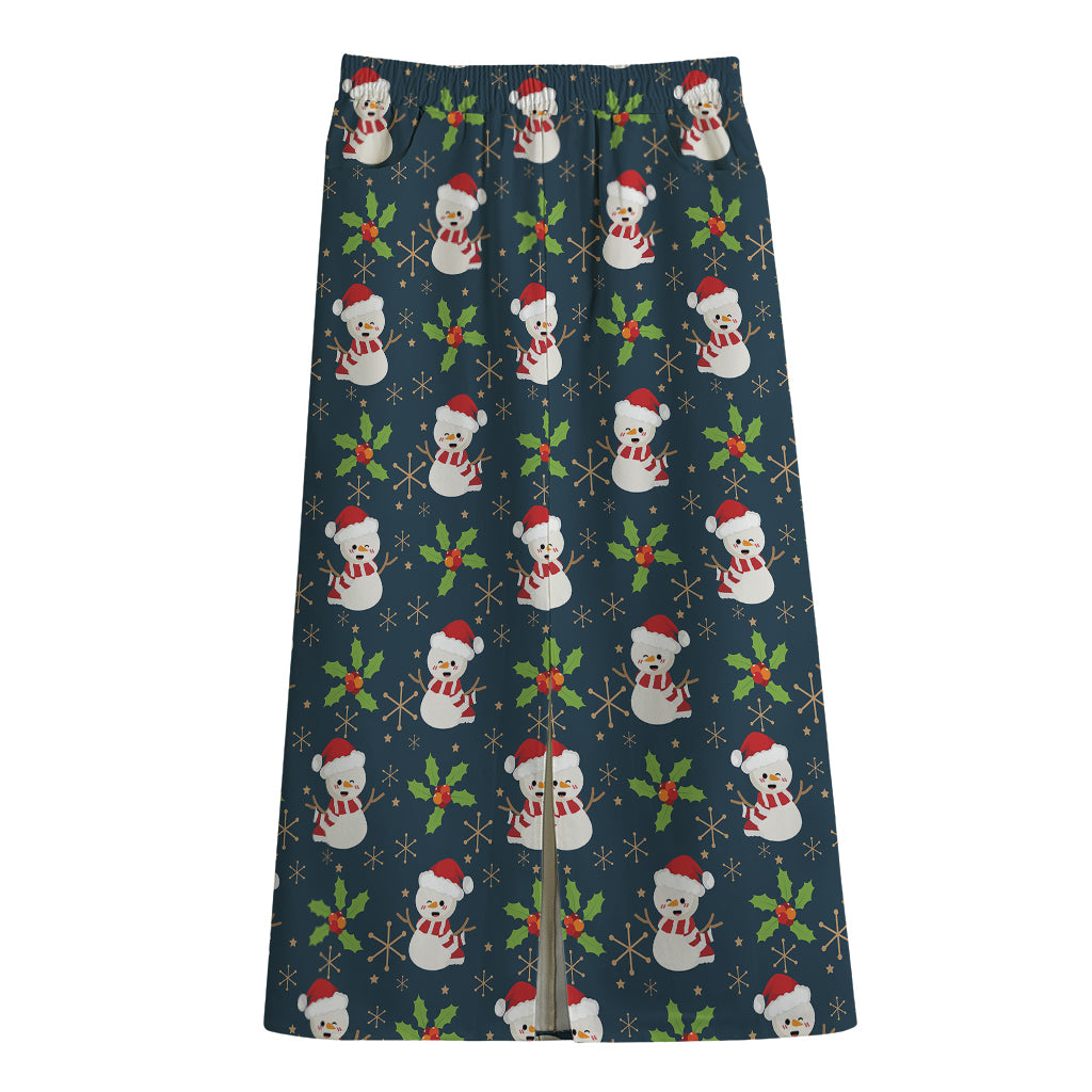 Santa Snowman Pattern Print Cotton Front Slit Maxi Skirt