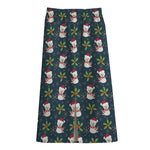 Santa Snowman Pattern Print Cotton Front Slit Maxi Skirt