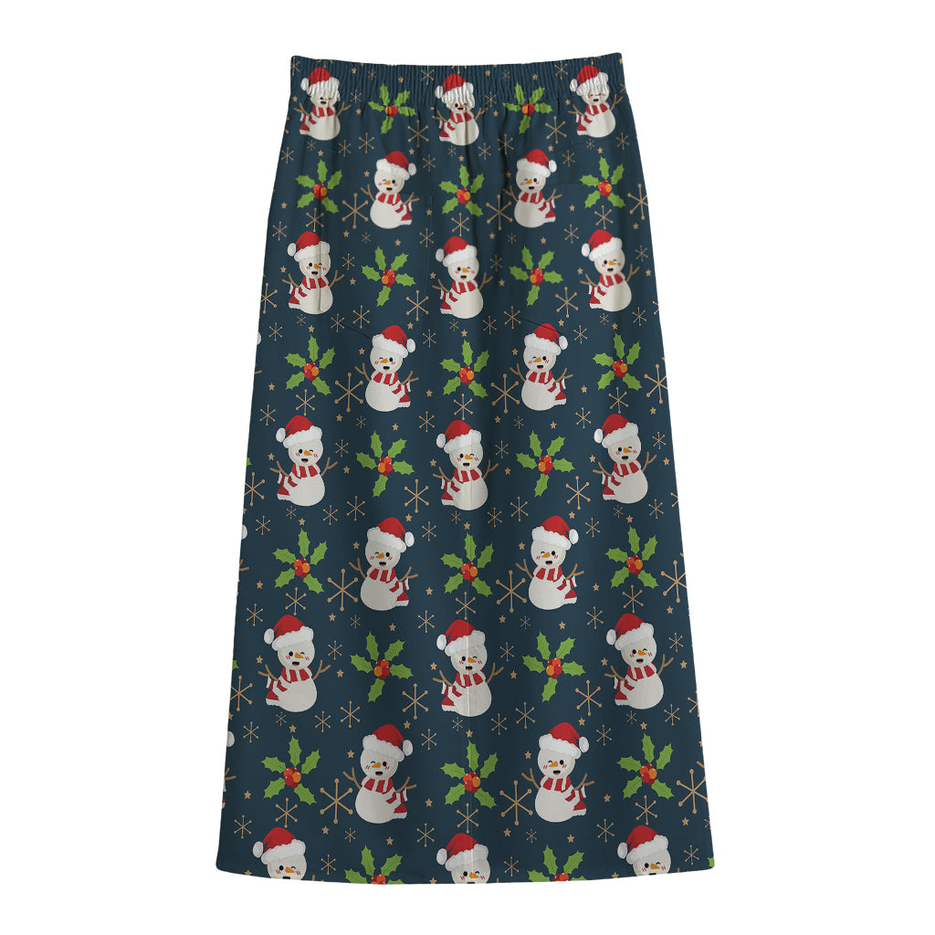 Santa Snowman Pattern Print Cotton Front Slit Maxi Skirt