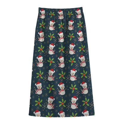 Santa Snowman Pattern Print Cotton Front Slit Maxi Skirt
