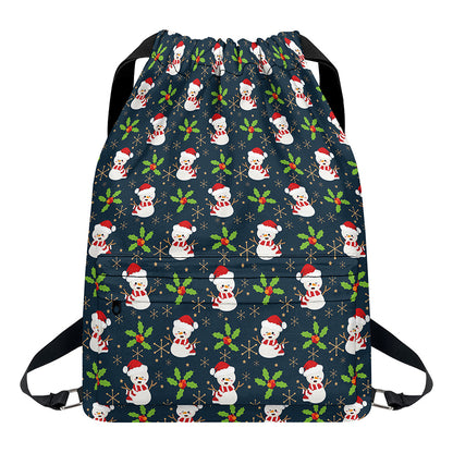 Santa Snowman Pattern Print Drawstring Backpack