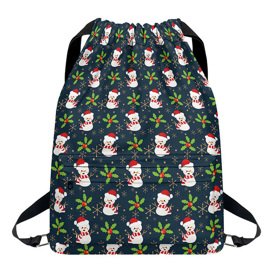 Santa Snowman Pattern Print Drawstring Backpack