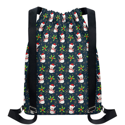 Santa Snowman Pattern Print Drawstring Backpack