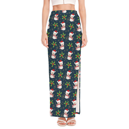 Santa Snowman Pattern Print High Slit Maxi Skirt