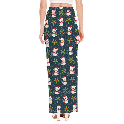Santa Snowman Pattern Print High Slit Maxi Skirt