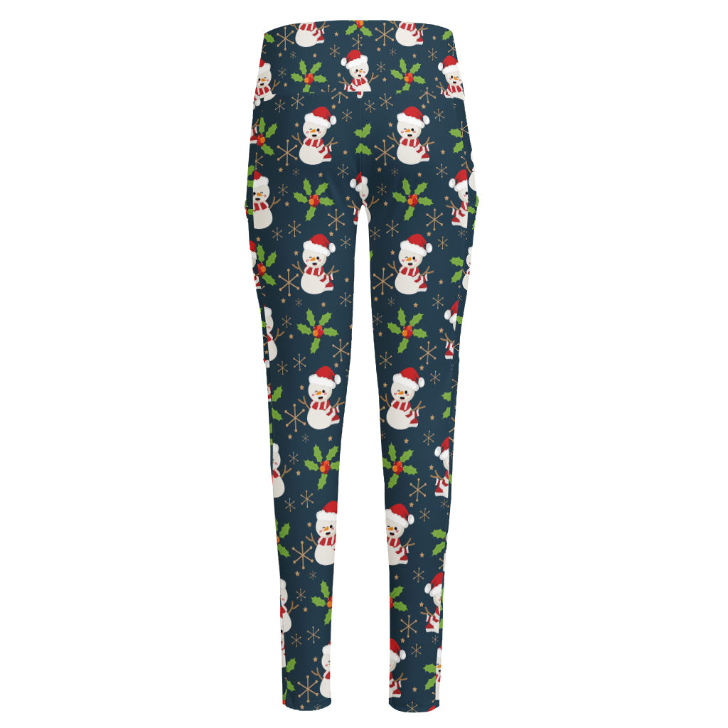 Santa Snowman Pattern Print High-Waisted Pocket Leggings