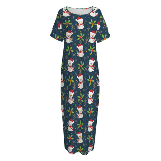 Santa Snowman Pattern Print Short Sleeve Long Nightdress