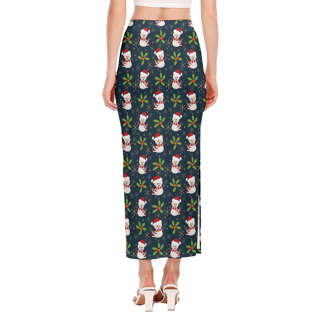 Santa Snowman Pattern Print Side Slit Maxi Skirt