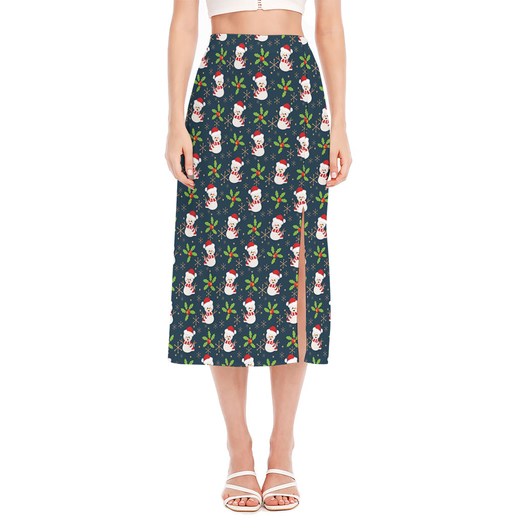 Santa Snowman Pattern Print Side Slit Midi Skirt