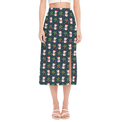 Santa Snowman Pattern Print Side Slit Midi Skirt