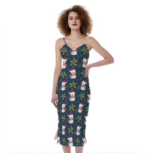 Santa Snowman Pattern Print Slim Fit Midi Cami Dress