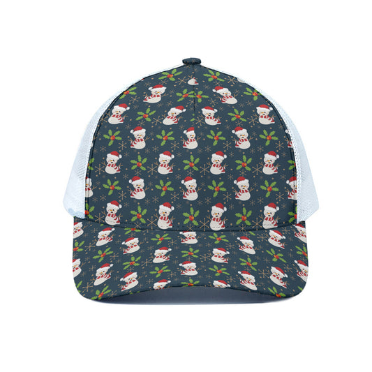 Santa Snowman Pattern Print White Mesh Trucker Cap