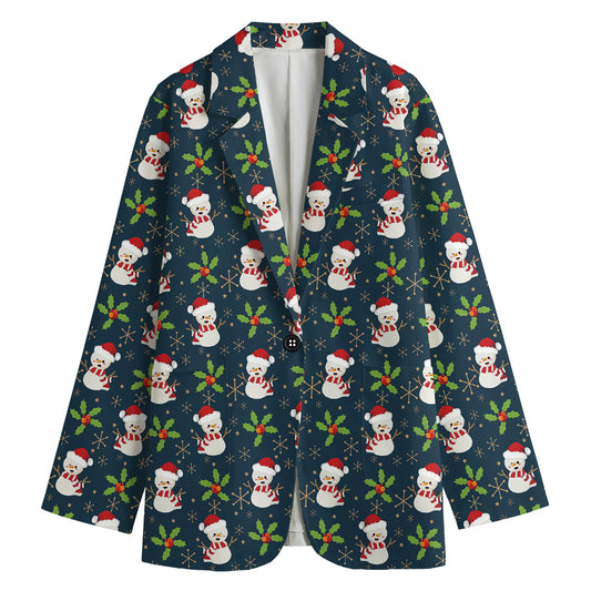 Santa Snowman Pattern Print Women's Cotton Blazer