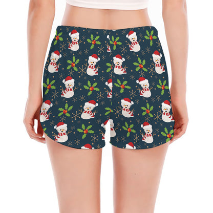 Santa Snowman Pattern Print Women's Split Running Shorts