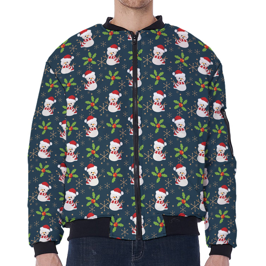 Santa Snowman Pattern Print Zip Sleeve Bomber Jacket
