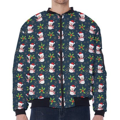 Santa Snowman Pattern Print Zip Sleeve Bomber Jacket