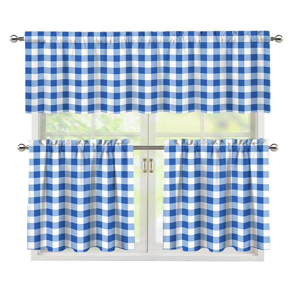 Sapphire Blue Check Pattern Print 3 Piece Kitchen Curtains