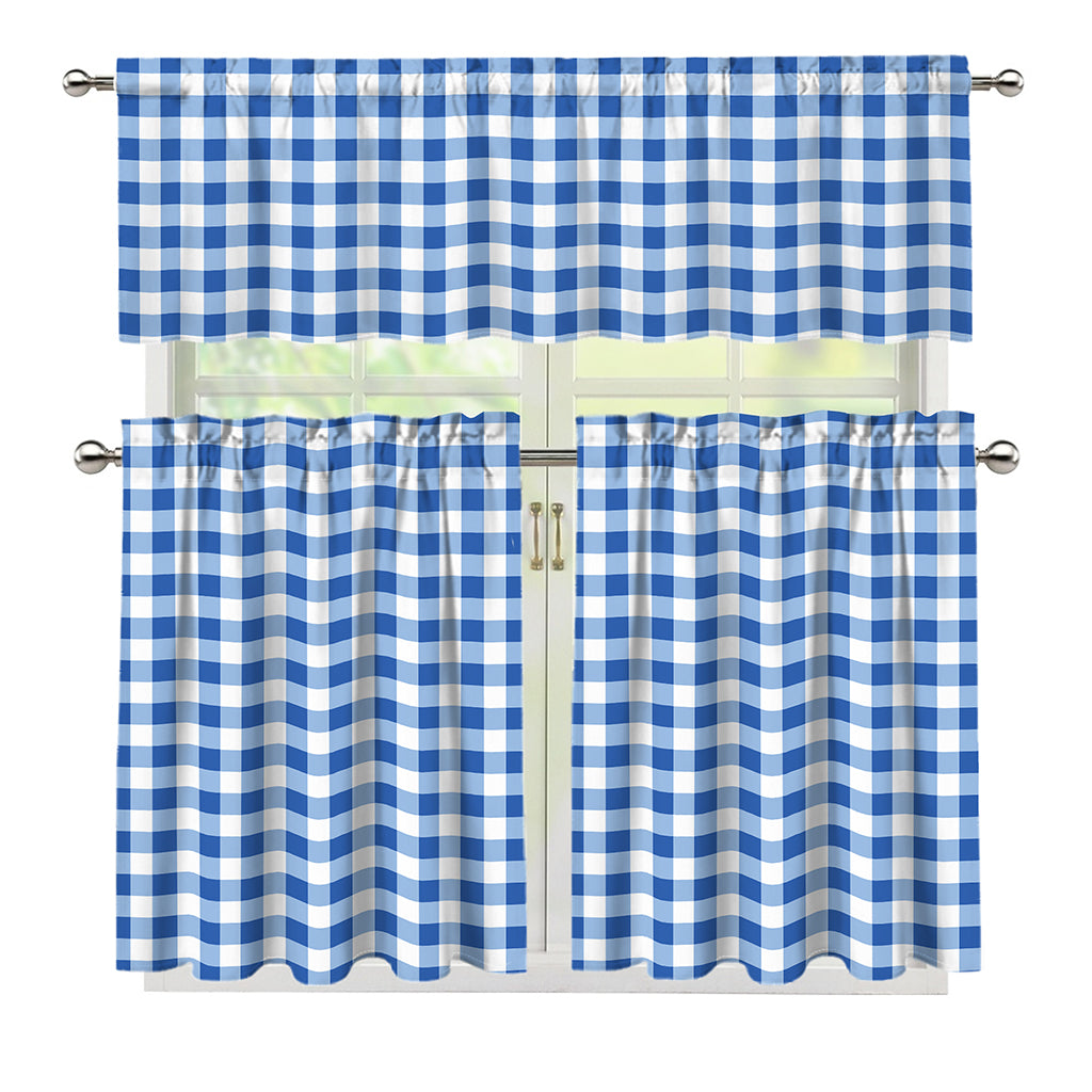Sapphire Blue Check Pattern Print 3 Piece Kitchen Curtains