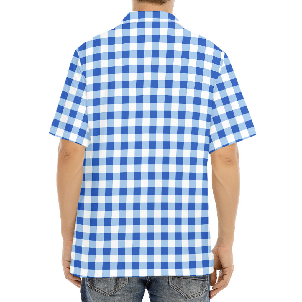 Sapphire Blue Check Pattern Print Aloha Shirt