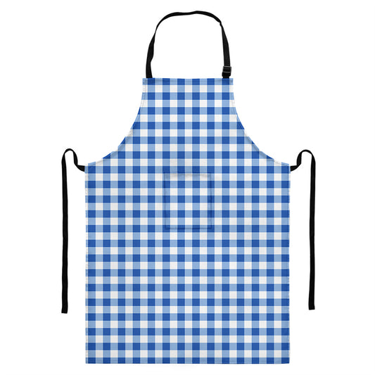 Sapphire Blue Check Pattern Print Bib Apron With Pocket