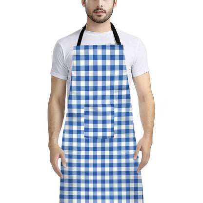 Sapphire Blue Check Pattern Print Bib Apron With Pocket