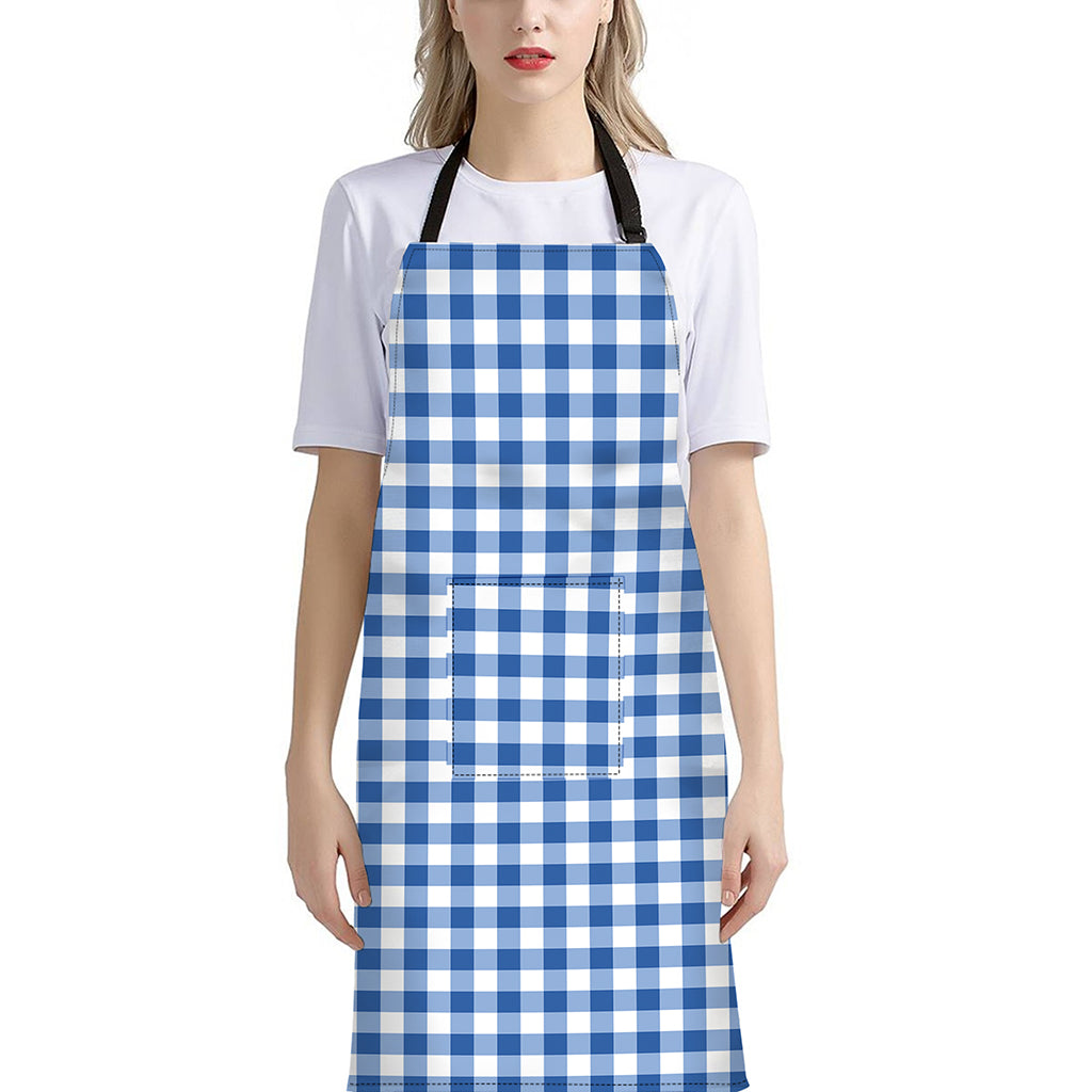 Sapphire Blue Check Pattern Print Bib Apron With Pocket
