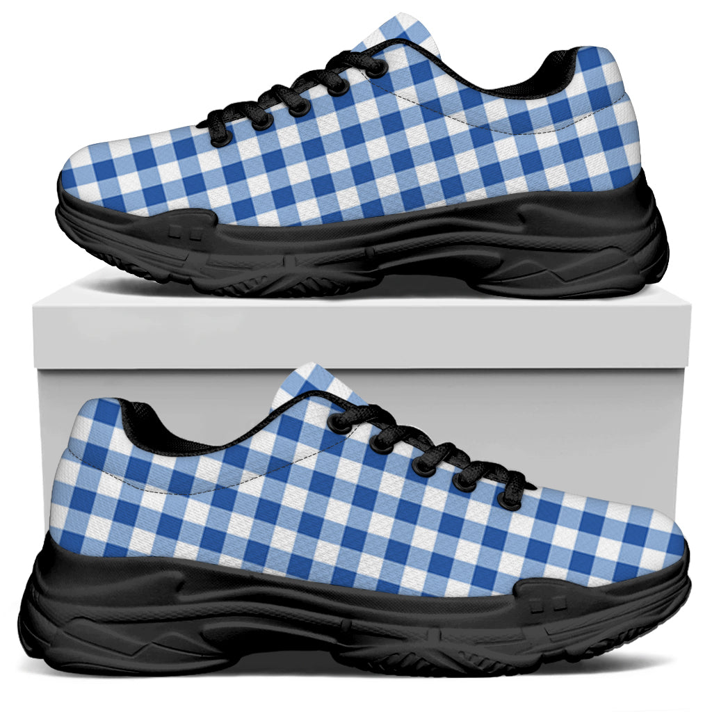 Sapphire Blue Check Pattern Print Black Chunky Shoes