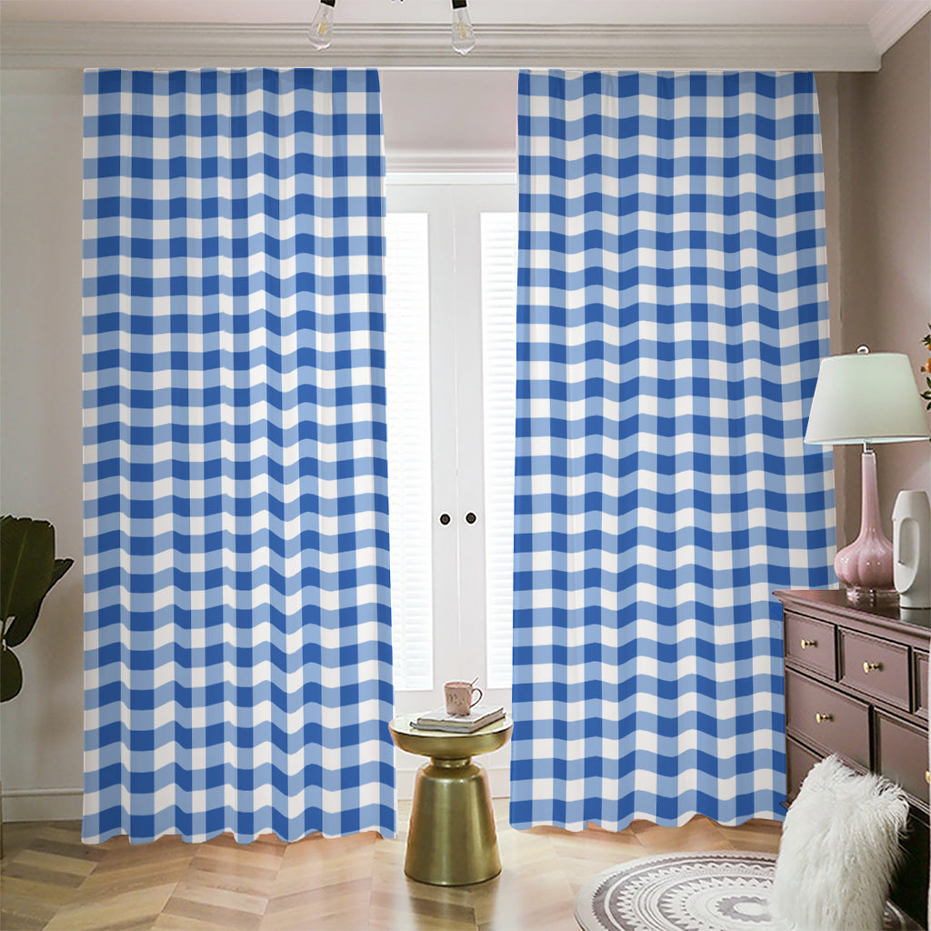 Sapphire Blue Check Pattern Print Blackout Pencil Pleat Curtains