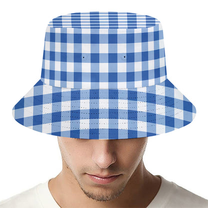 Sapphire Blue Check Pattern Print Bucket Hat