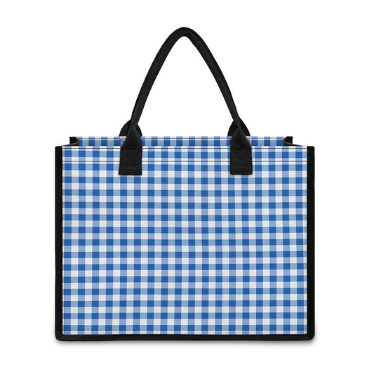 Sapphire Blue Check Pattern Print Canvas Tote Bag