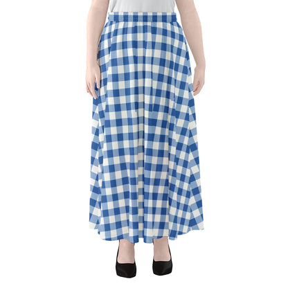 Sapphire Blue Check Pattern Print Chiffon Maxi Skirt