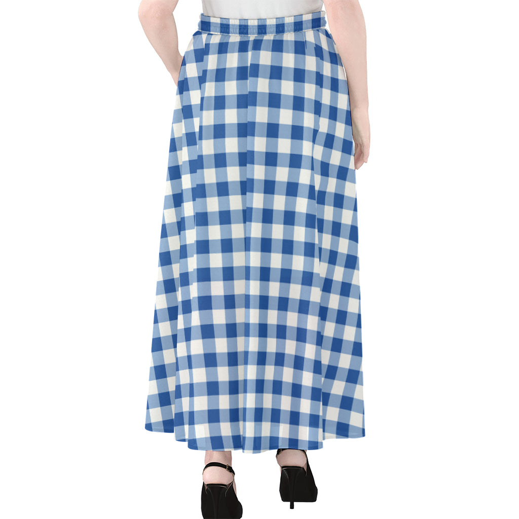 Sapphire Blue Check Pattern Print Chiffon Maxi Skirt