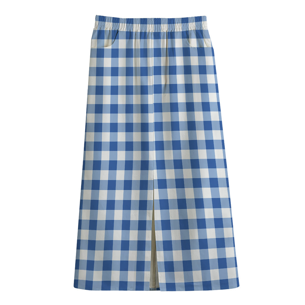 Sapphire Blue Check Pattern Print Cotton Front Slit Maxi Skirt