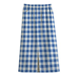 Sapphire Blue Check Pattern Print Cotton Front Slit Maxi Skirt