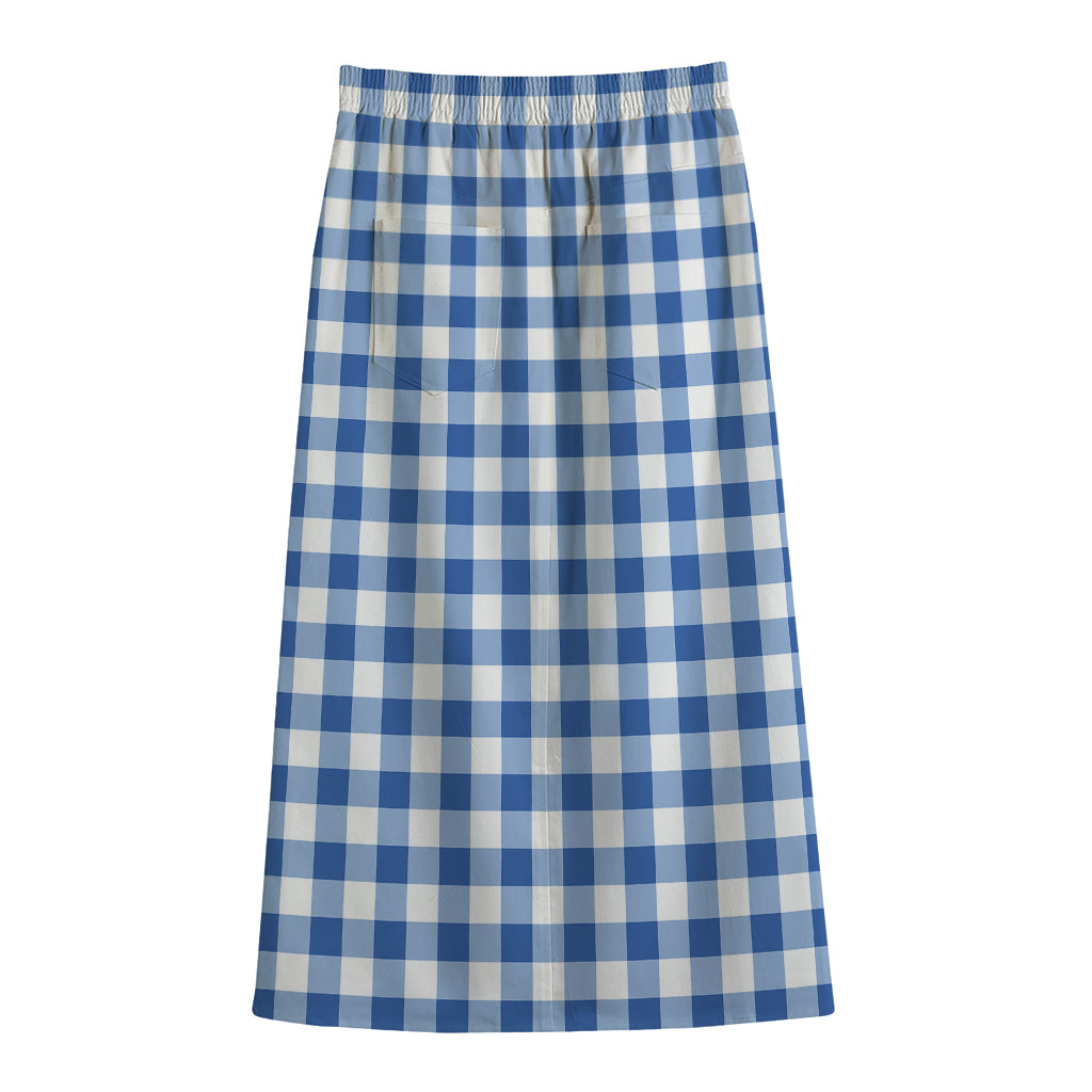 Sapphire Blue Check Pattern Print Cotton Front Slit Maxi Skirt