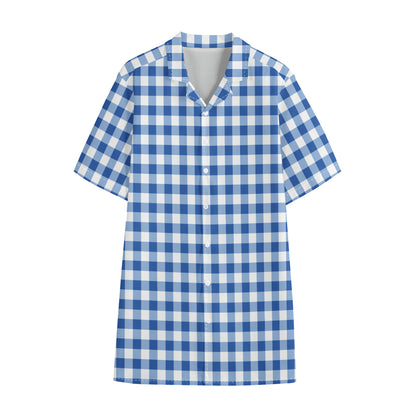 Sapphire Blue Check Pattern Print Cotton Hawaiian Shirt