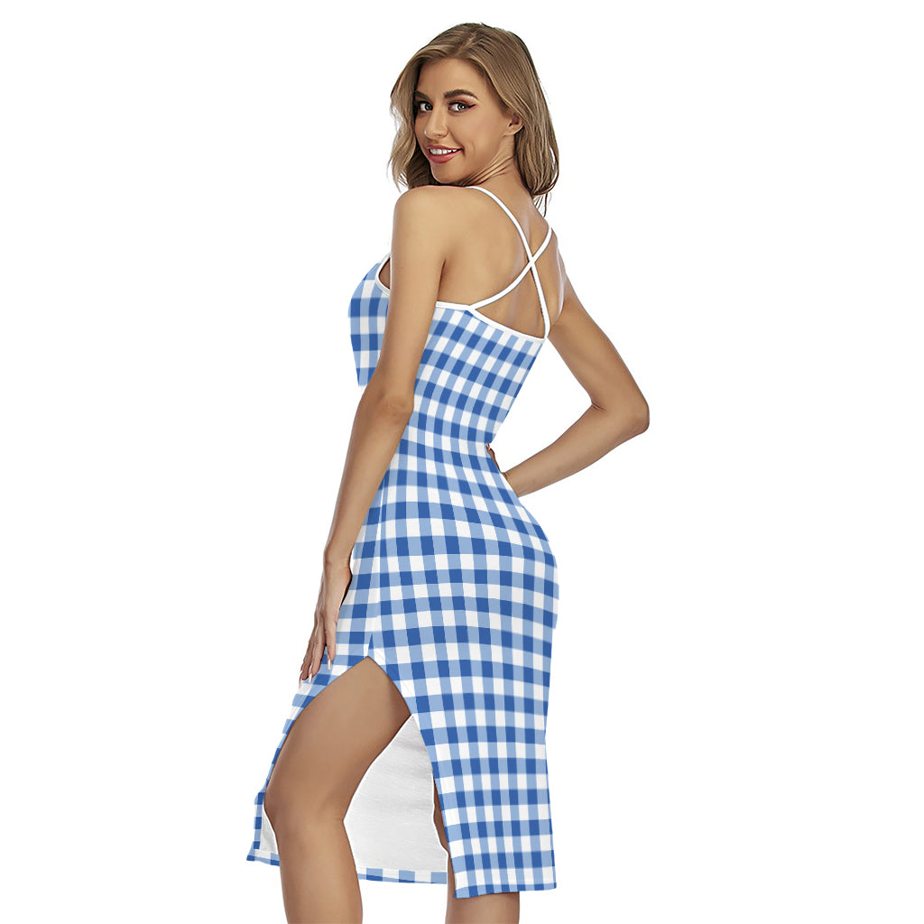 Sapphire Blue Check Pattern Print Cross Back Cami Dress