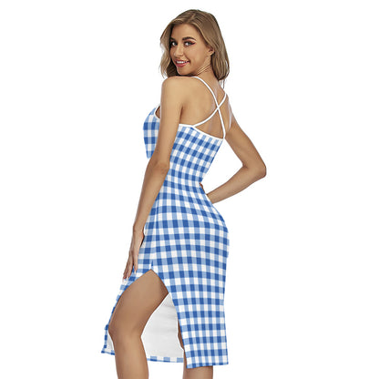 Sapphire Blue Check Pattern Print Cross Back Cami Dress