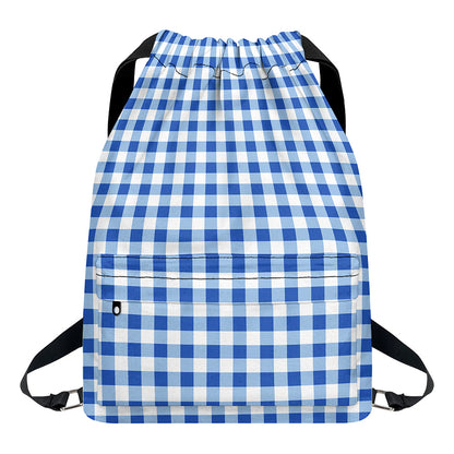 Sapphire Blue Check Pattern Print Drawstring Backpack