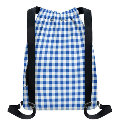 Sapphire Blue Check Pattern Print Drawstring Backpack