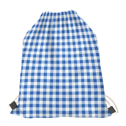 Sapphire Blue Check Pattern Print Drawstring Bag