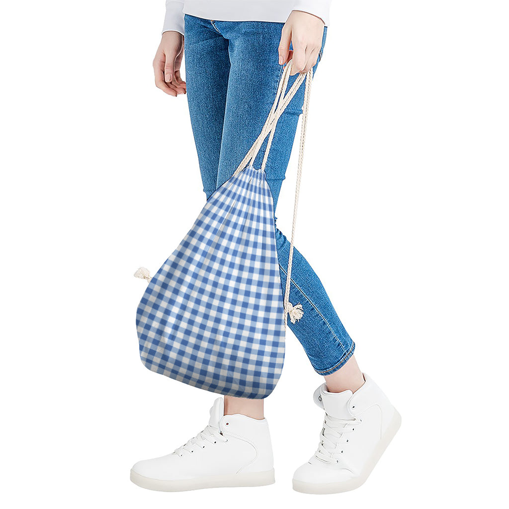 Sapphire Blue Check Pattern Print Drawstring Bag