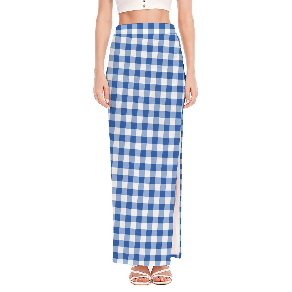 Sapphire Blue Check Pattern Print High Slit Maxi Skirt