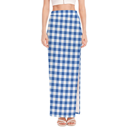 Sapphire Blue Check Pattern Print High Slit Maxi Skirt