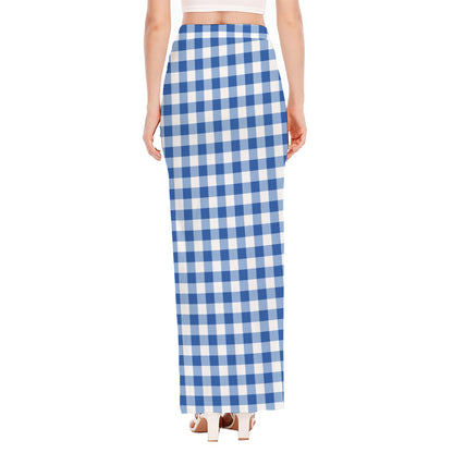 Sapphire Blue Check Pattern Print High Slit Maxi Skirt