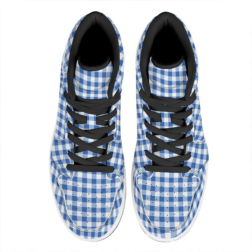 Sapphire Blue Check Pattern Print High Top Leather Sneakers