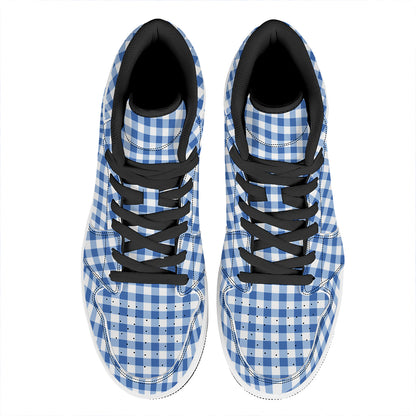 Sapphire Blue Check Pattern Print High Top Leather Sneakers