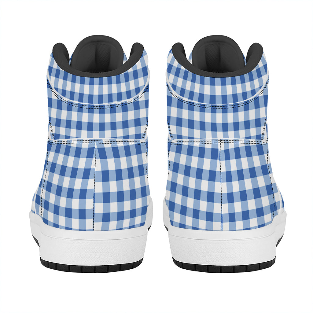 Sapphire Blue Check Pattern Print High Top Leather Sneakers