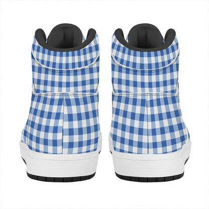 Sapphire Blue Check Pattern Print High Top Leather Sneakers