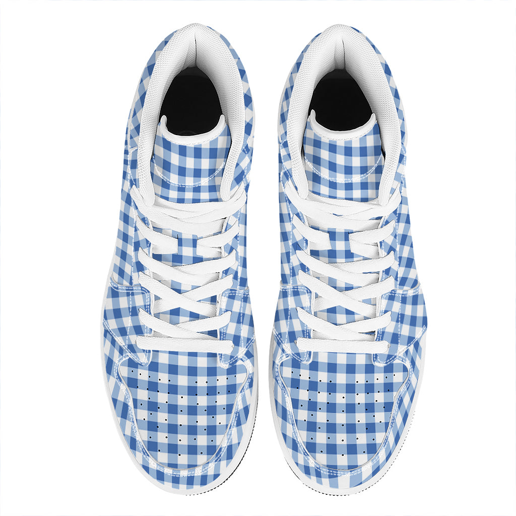 Sapphire Blue Check Pattern Print High Top Leather Sneakers